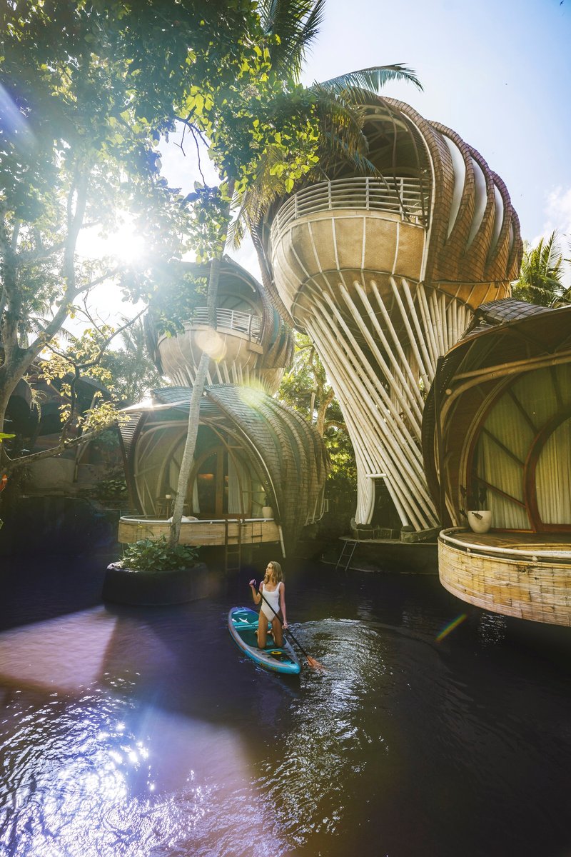 Person paddleboarding on dark water beneath clustered bamboo structures with twisted supporting columns