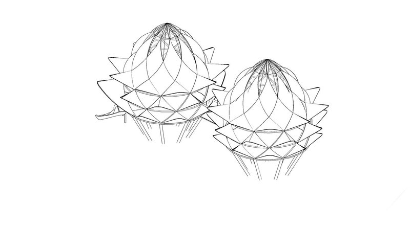 Perspective sketch of two spherical structures with petal-like forms and supporting columns