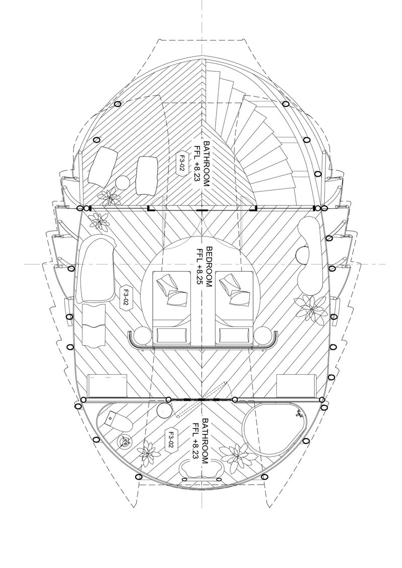 Floor plan drawing of an oval pod with central bedroom, bathroom, and entry deck