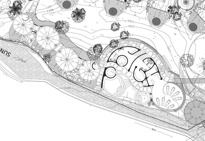 Site plan drawing showing curved volumes surrounded by circular tree clusters and topographic contour lines