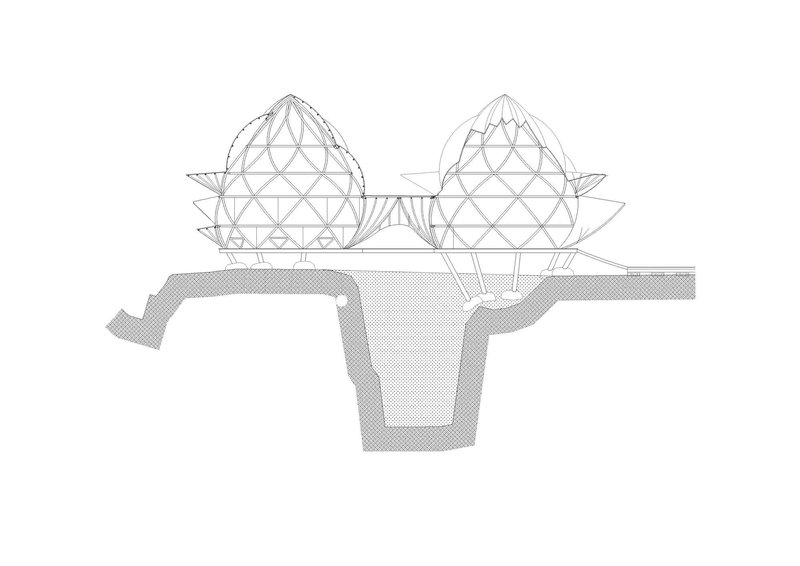 Section drawing showing two domed structures with triangulated frameworks above an excavated ground plane