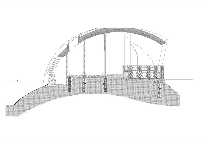 Section drawing showing an arched roof structure with vertical columns anchored in sloped terrain