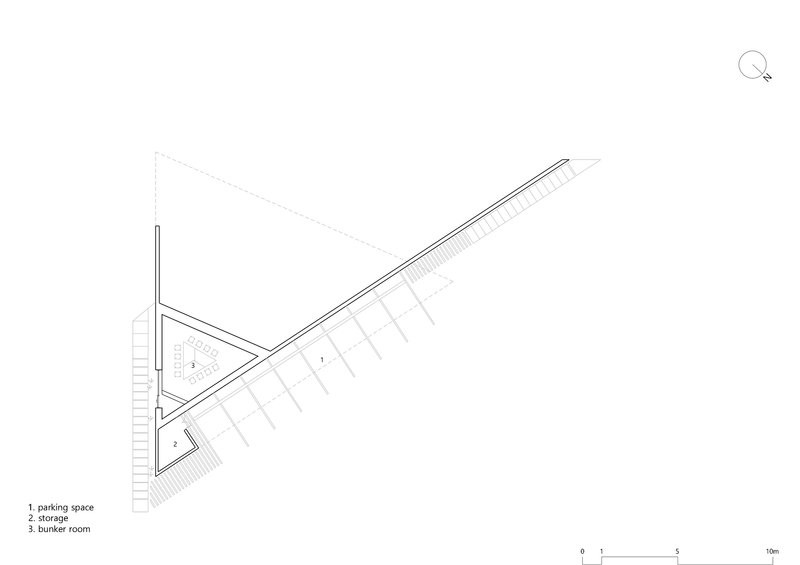 Axonometric drawing of a triangular volume revealing parking and storage spaces below grade