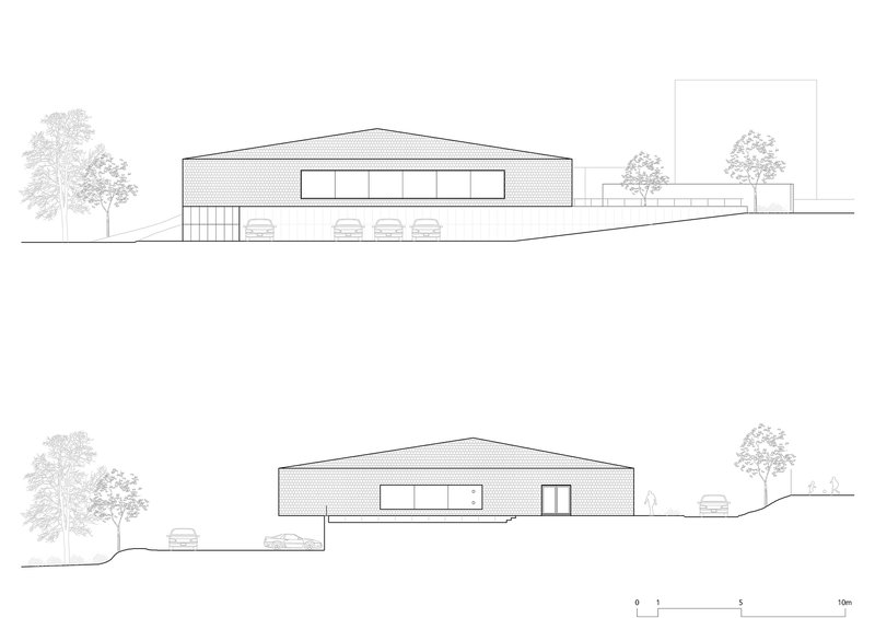 Elevation drawings of a low-slung building with pitched roofs, trees, and parked cars