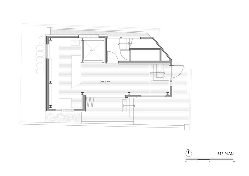 Floor plan drawing of the ground level cafe and bar with curved corner facade