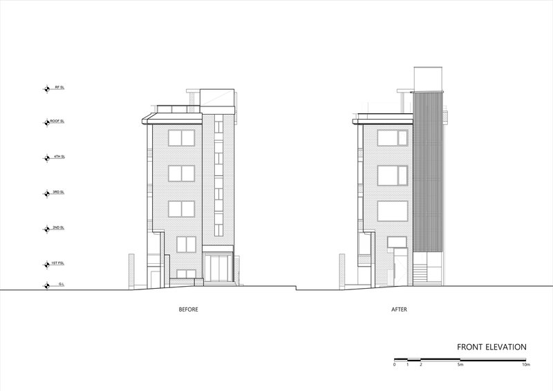 Front elevation drawing comparing before and after states of the five-storey building