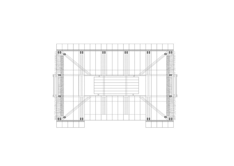 Floor plan drawing showing the rectangular deck with central stair and timber structural grid