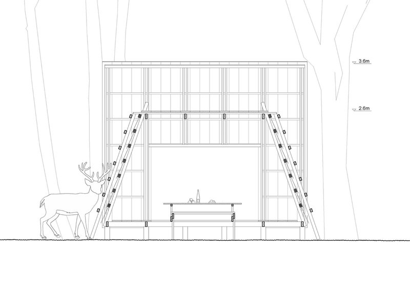 Elevation drawing showing the A-frame structure with platform, ladder, and deer at ground level