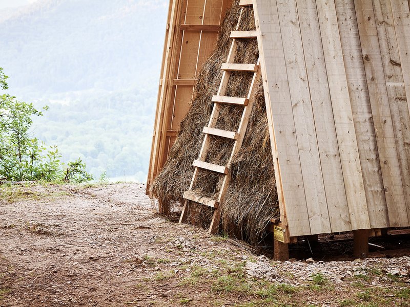 Detail of the timber ladder leaning against straw-filled wall panels at the structure's edge