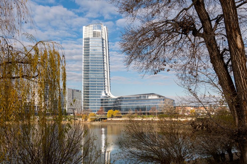 View across the river of the curved glass tower and low-rise base framed by willow and bare winter trees