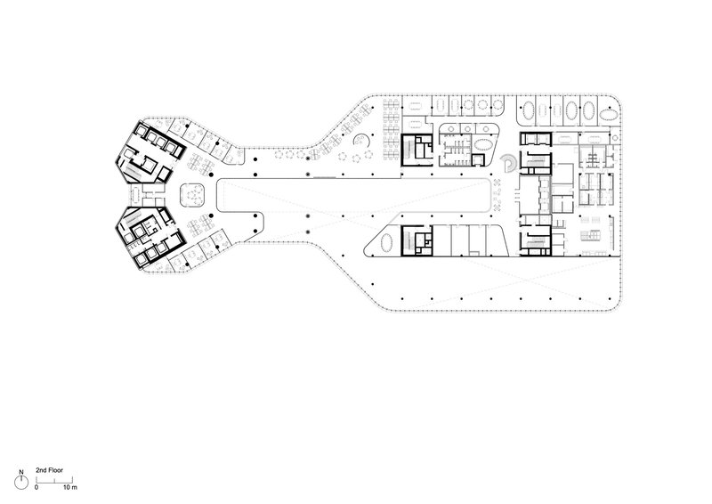 Second floor plan drawing showing the elongated footprint with angled west wing and central circulation