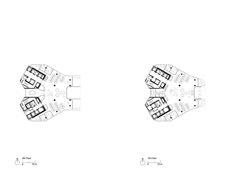 Side-by-side floor plan drawings comparing the sixth and seventh floor layouts with similar tripartite organization