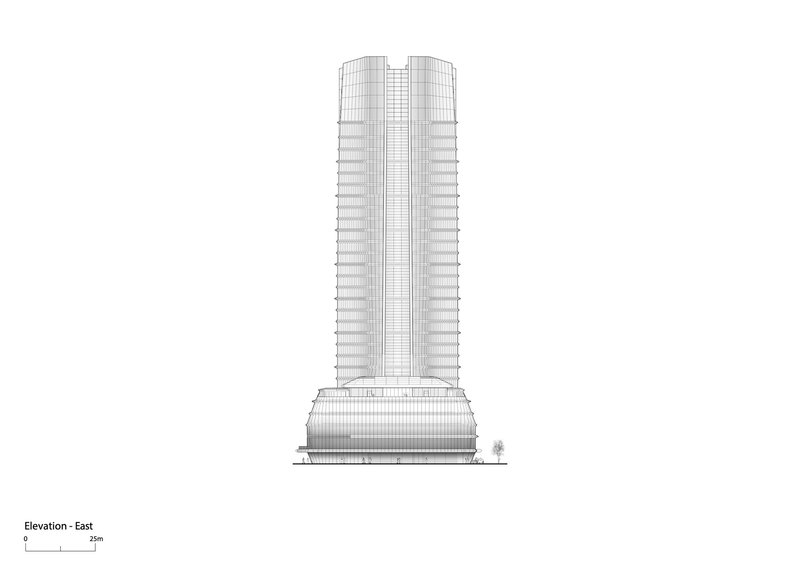 East elevation drawing showing the dual towers rising from a shared podium with a single tree