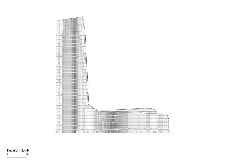 South elevation drawing showing a slender tower rising from a low horizontal podium