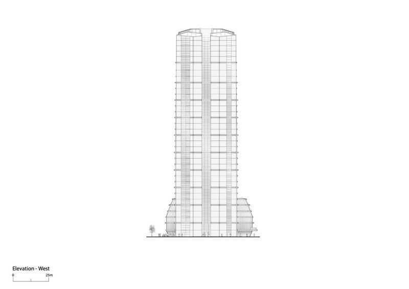 West elevation drawing showing a tall tower with rounded crown and multi-story base