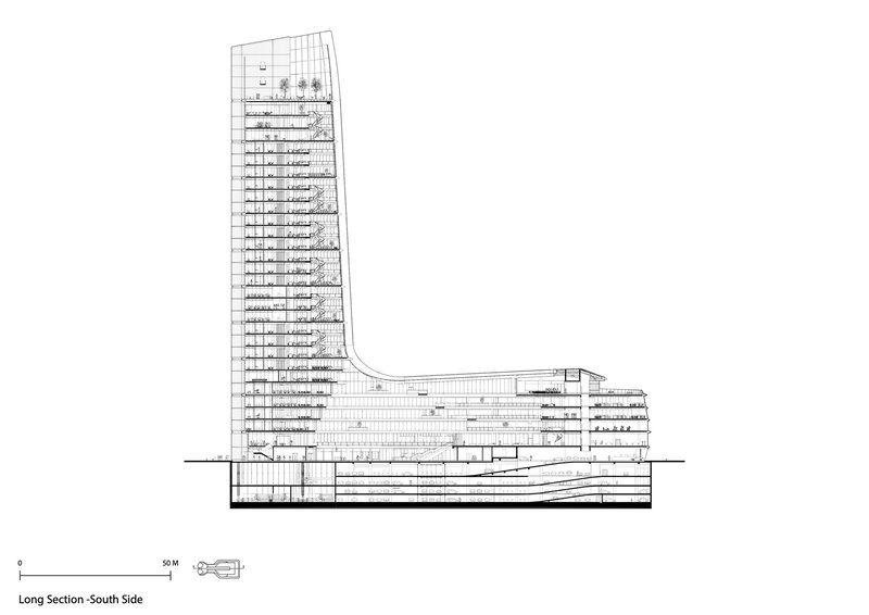 Long section drawing showing tower interior with floor plates and underground parking levels