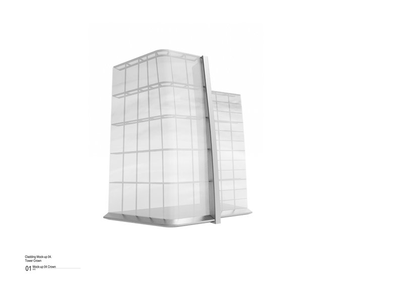Cladding mock-up model showing two tower volumes with gridded glass panel facades