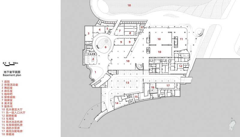 Basement floor plan drawing indicating the layout of rooms and circulation through the irregularly shaped structure