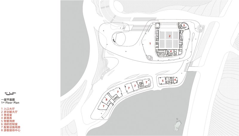 Floor plan drawing showing multiple curved building volumes along a waterfront with topographic contours