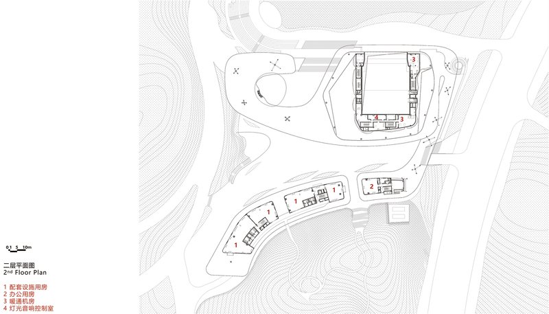 Floor plan drawing depicting clustered structures along a curving shoreline with detailed room layouts