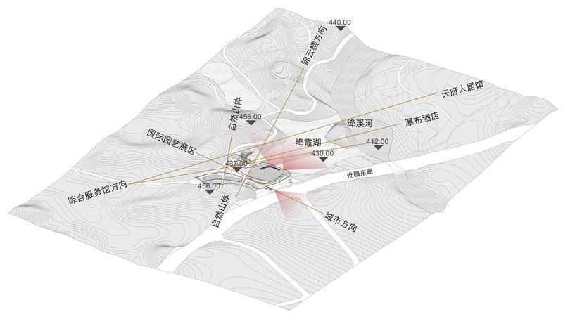 Site plan drawing with topographic contours showing three lobed volumes and radiating pathways