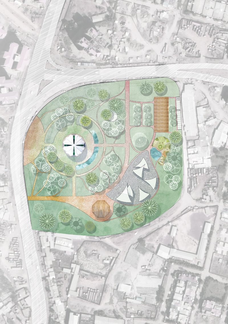 The site plan organizes chapel, garden, playground, tents, water, and community facilities into one nature-friendly urban refuge.