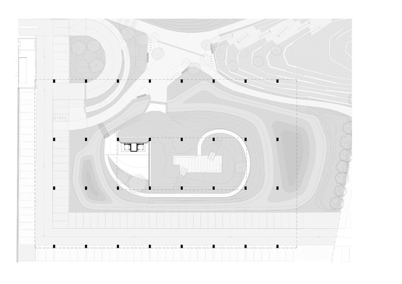 Site plan drawing showing the elevated structure footprint with surrounding topographic contours and road alignments
