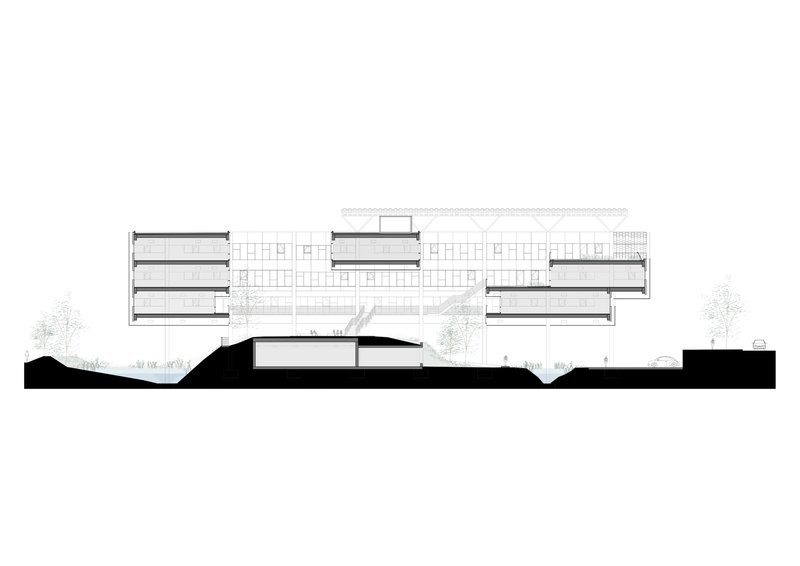 Section drawing through the building showing stacked floors above a sunken below-grade space with trees