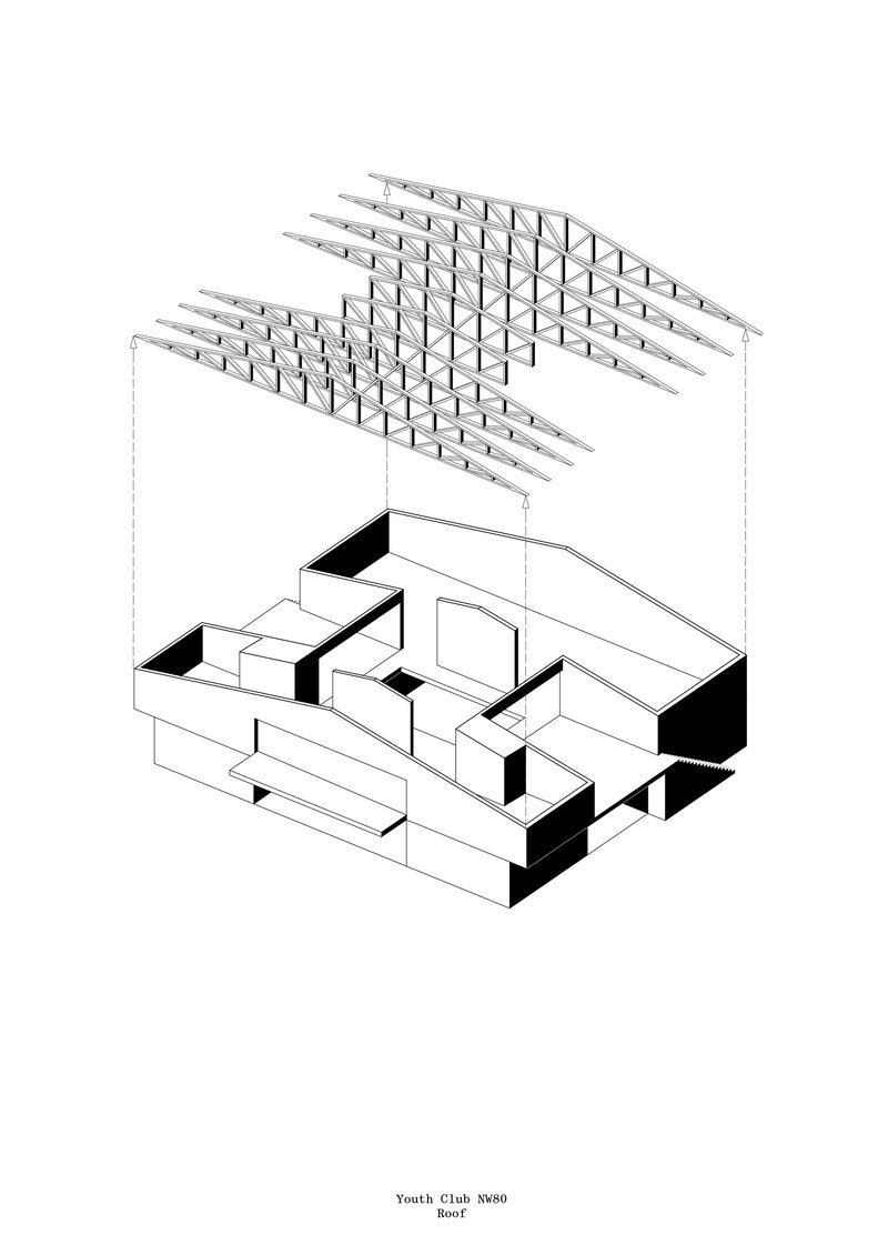 Axonometric drawing showing roof structure with exposed trusses above spatial volumes and interior partitions