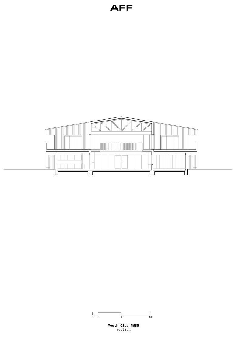 Section drawing showing a gabled building with exposed roof trusses and mezzanine levels inside
