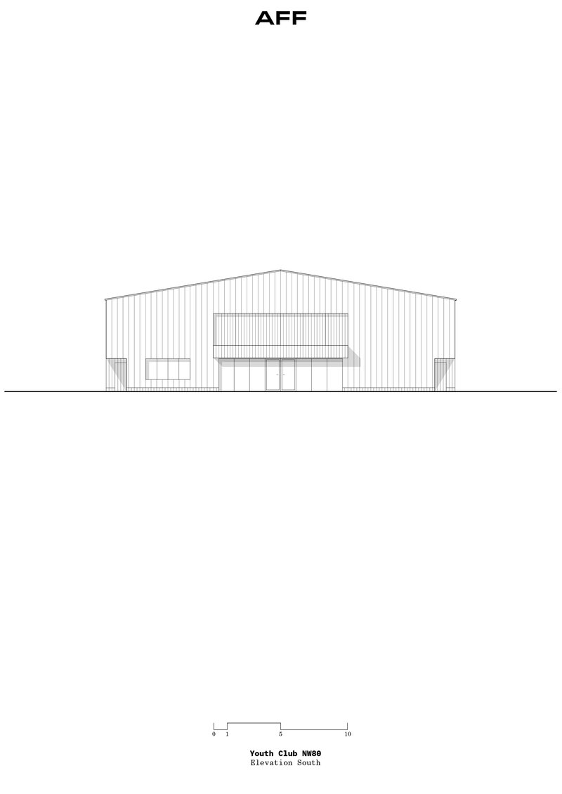Elevation drawing showing a gabled structure with vertical cladding and a central rectangular window opening