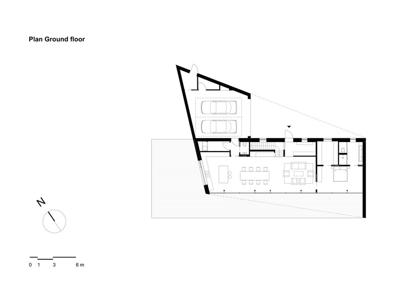 Ground floor plan drawing showing the angled garage and open living spaces with terrace