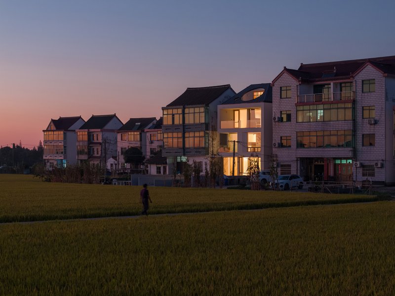 Figure walking through rice paddies at sunset with illuminated house facade visible beyond green field