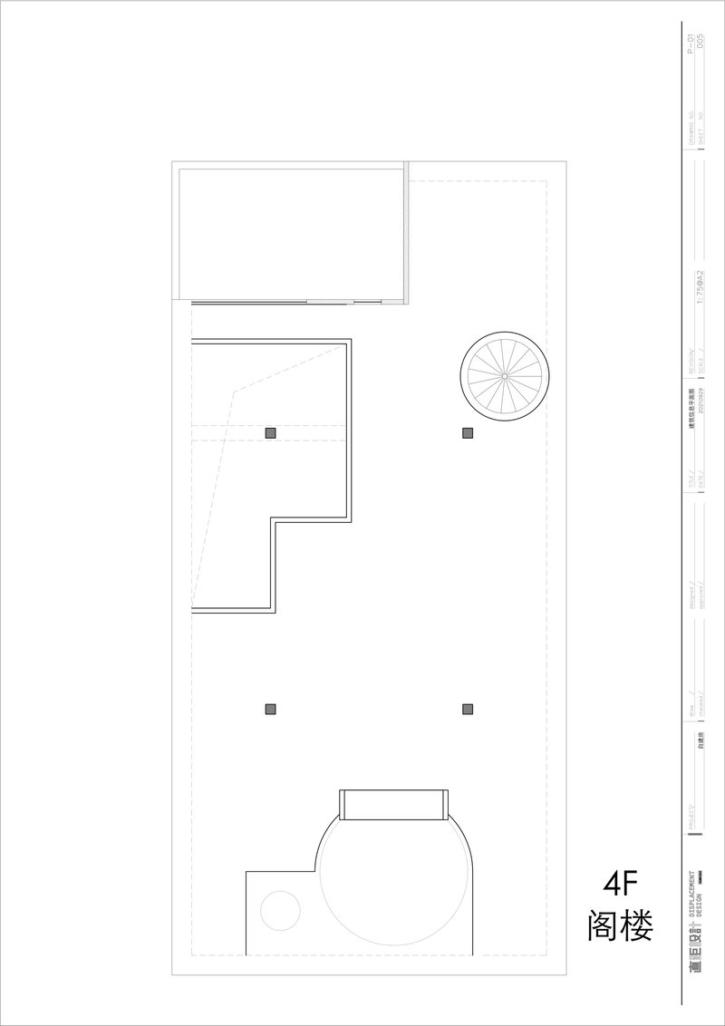 Fourth floor plan with rooftop terrace, spiral staircase, and curved balcony element