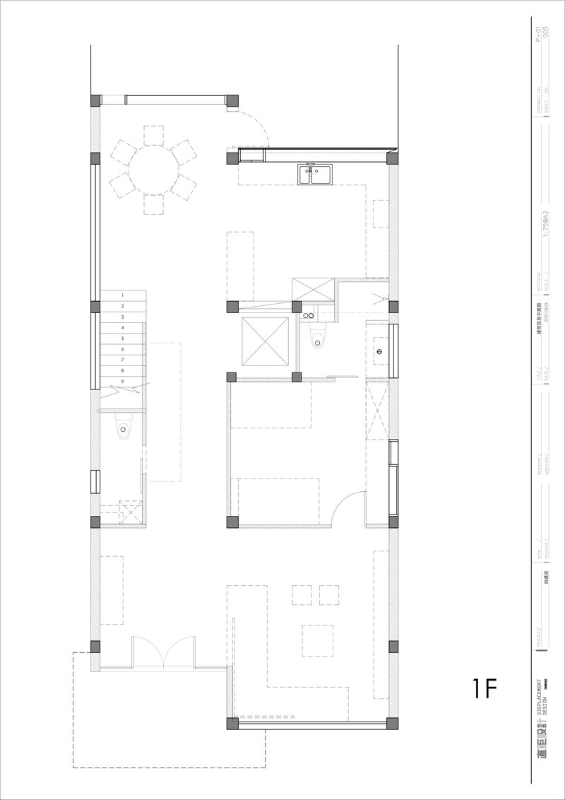 First floor plan showing dining area, kitchen, staircase, and outdoor terrace spaces