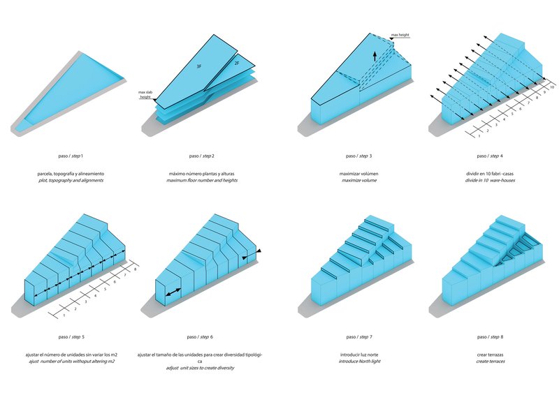 Axonometric diagrams showing eight sequential steps of structural assembly for a wedge-shaped volume