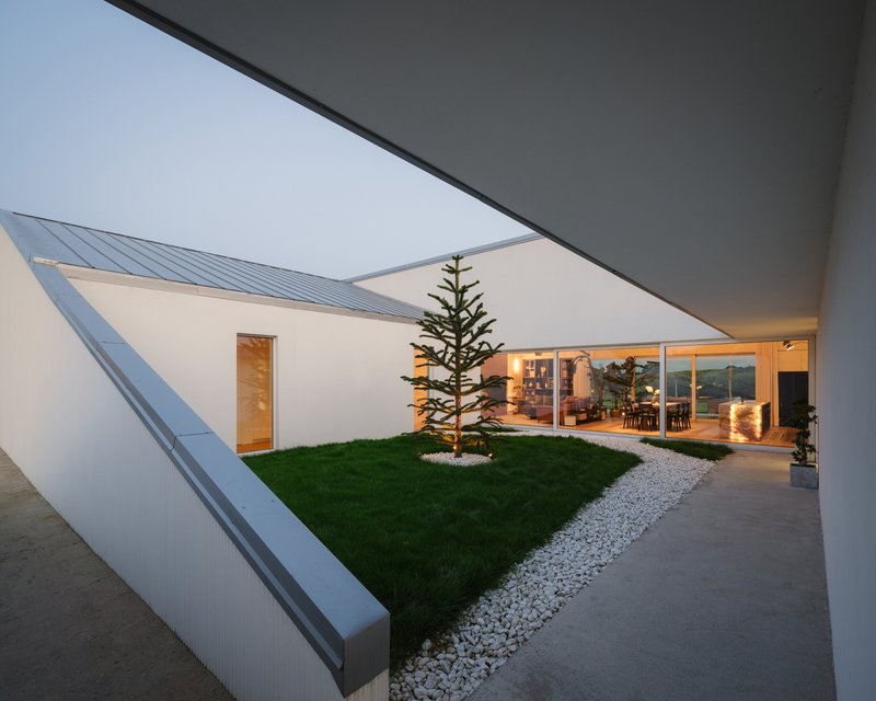 Interior courtyard with grass and single tree viewed through triangular opening at twilight