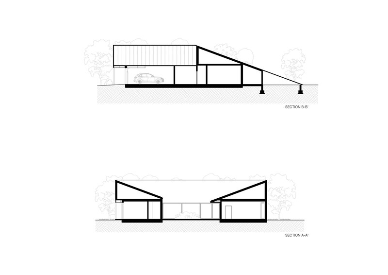 Section drawings revealing the sloped roof profiles and interior spatial arrangement
