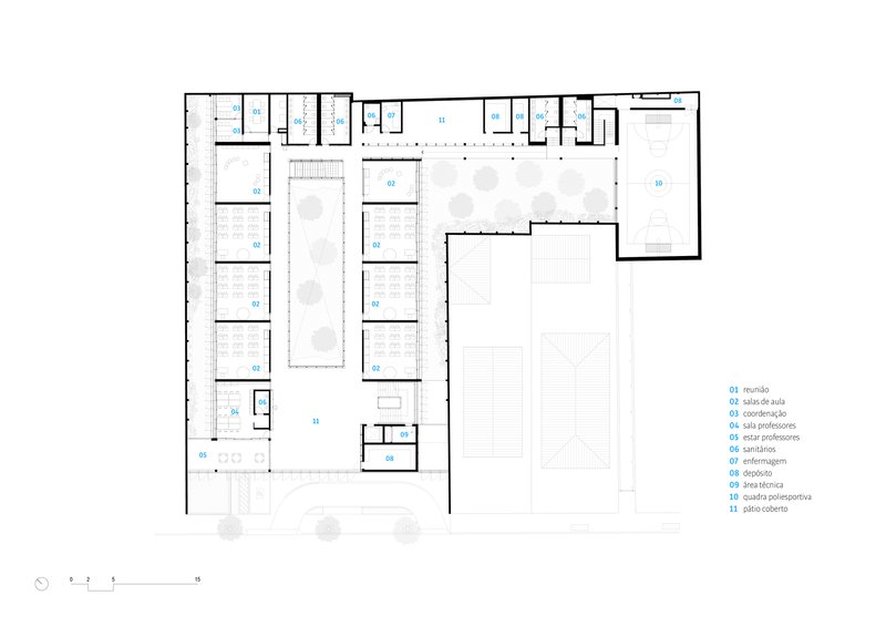 First floor plan drawing showing classrooms, circulation zones, and open space above the gymnasium courts