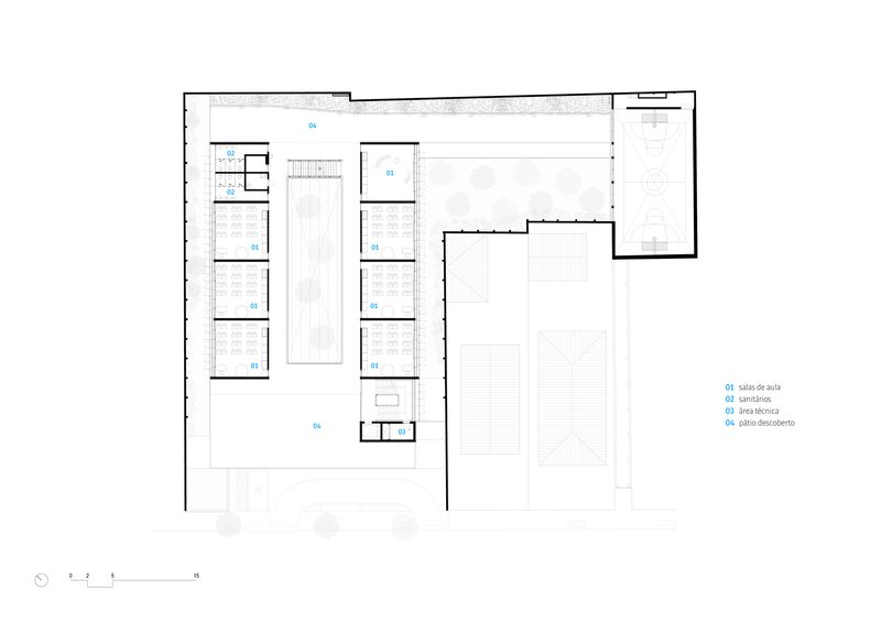 Second floor plan drawing showing classrooms, a terrace, and labeled program areas in the wing