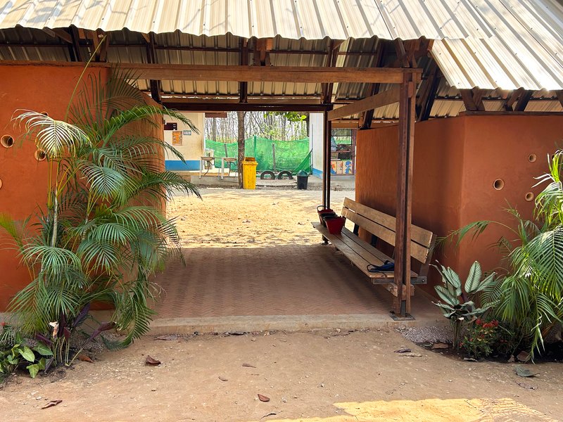 Covered passageway with exposed timber rafters, corrugated metal roof, and potted palms at the entry threshold