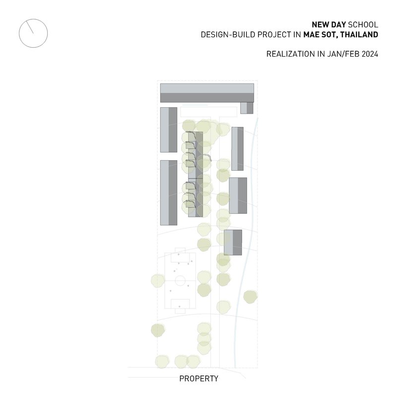 Site plan drawing showing elongated building volumes with tree canopies dispersed across the property