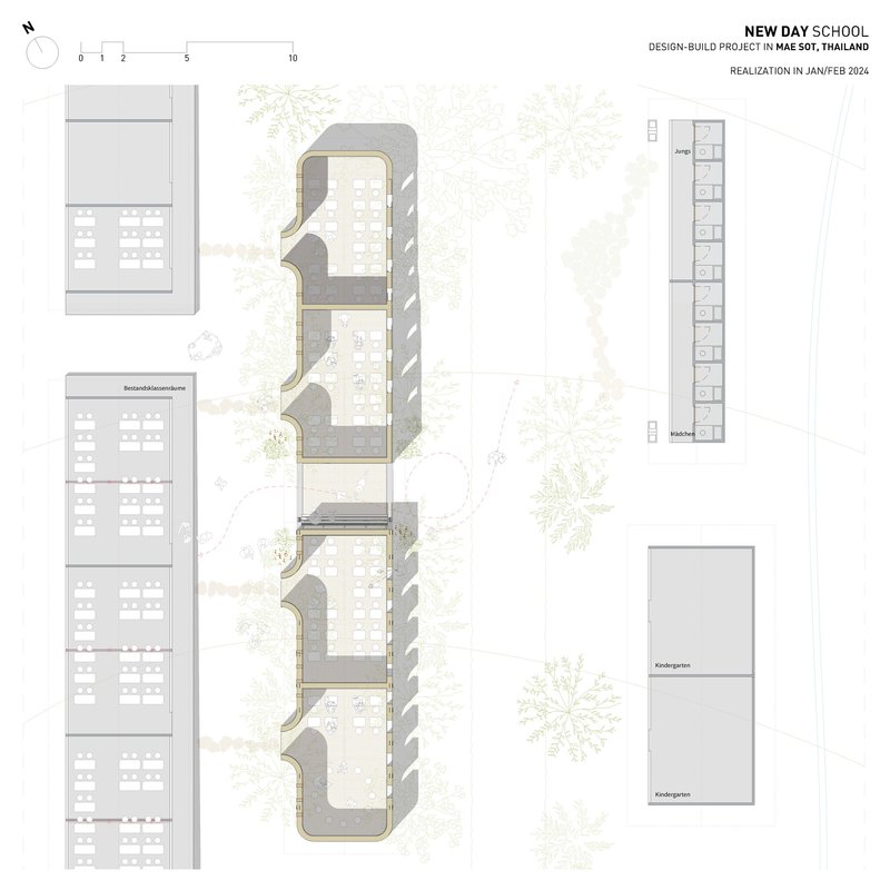 Floor plan drawing showing three connected classroom pavilions with curved edges and surrounding landscape