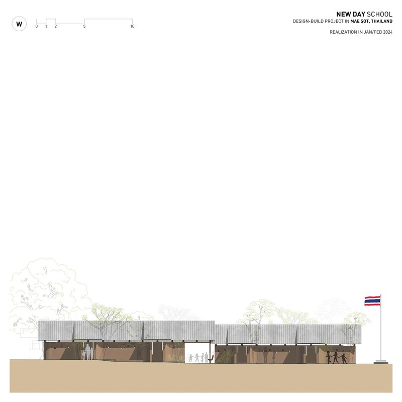 Elevation drawing showing low-slung building with corrugated metal roof and timber screens