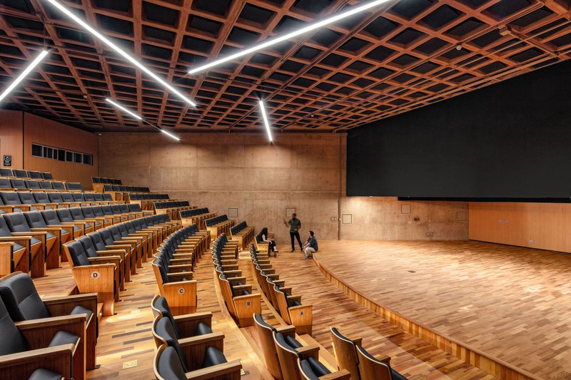 Auditorium with timber grid ceiling, linear lighting, tiered seating, and a wooden stage floor