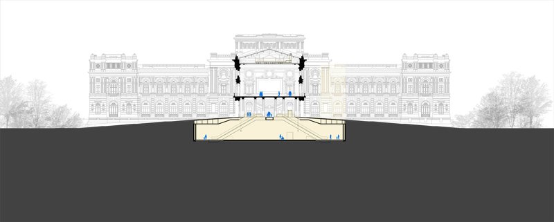 Section drawing showing underground entrance gallery beneath an existing palace building with trees flanking the approach
