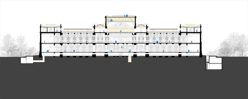 Longitudinal section drawing revealing subterranean spaces below the historic building with flanking service volumes