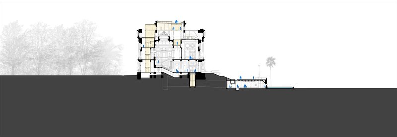 Section drawing through the central entrance pavilion showing descent into underground exhibition spaces