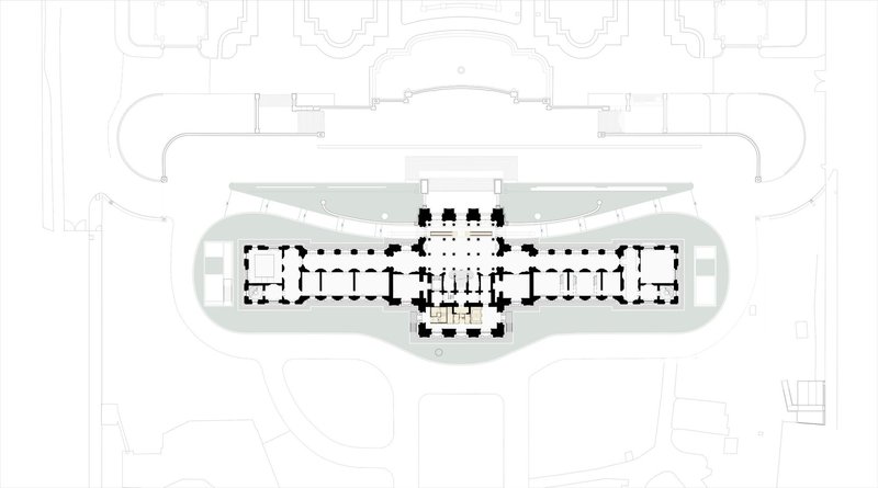 Plan drawing showing a symmetrical layout with central hall and curved underground extension at grade level