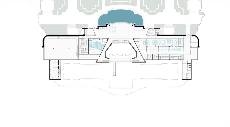 Plan drawing of an underground level with vaulted central space beneath the main floor above